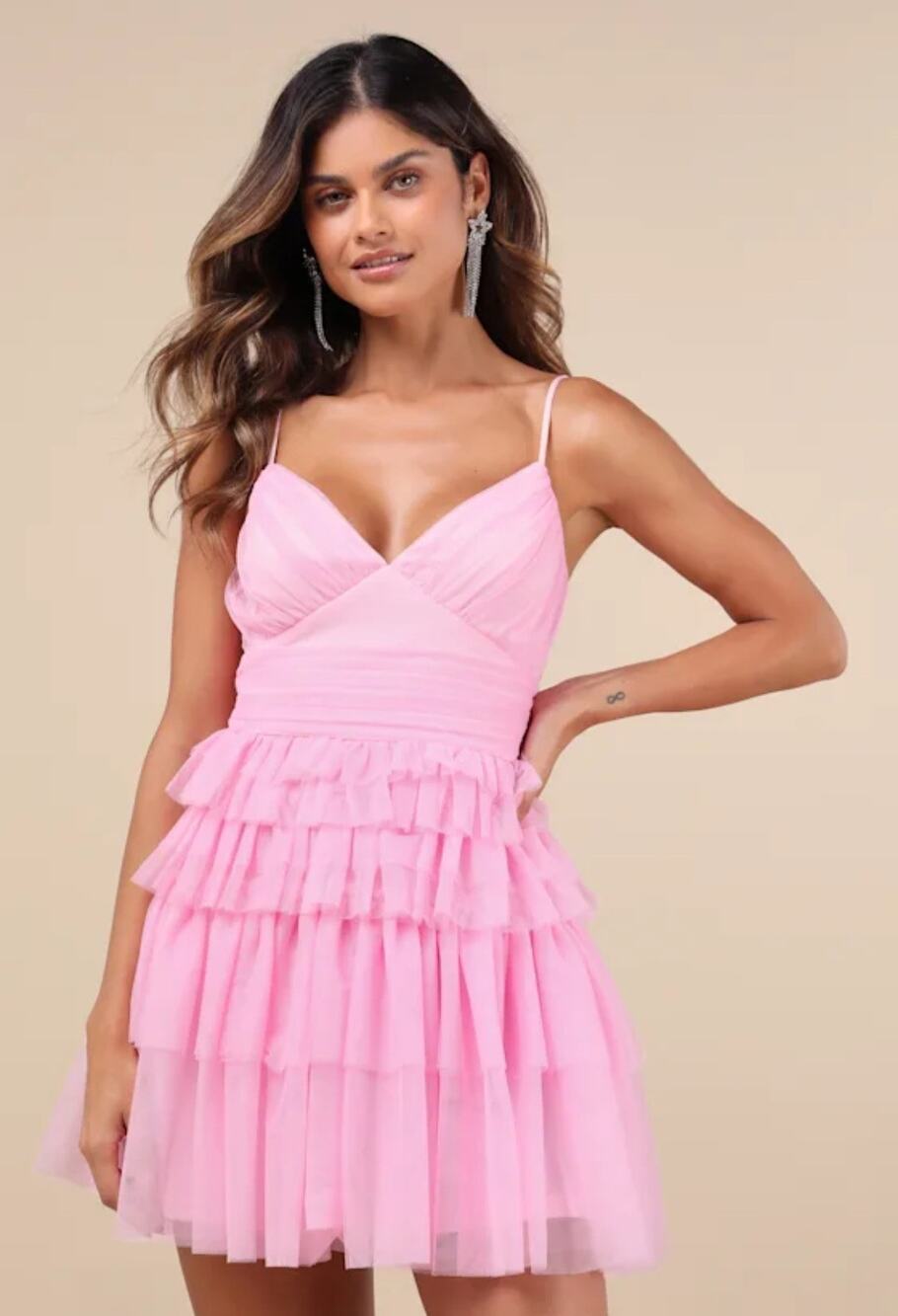 Lulus Special Poise Pink Tulle Pleated Tiered Sleeveless Mini Dress -Medium